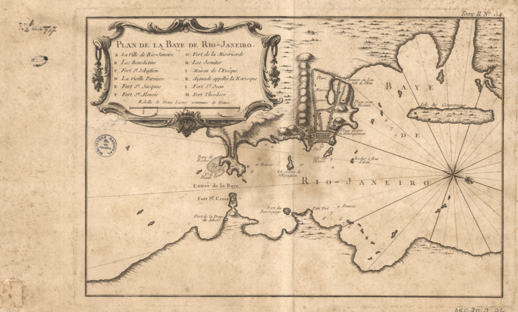 Map of Rio de Janeiro by cartographer Jacques Bellin (1764). Rio de Janeiro's name is clearly visible in the centre.